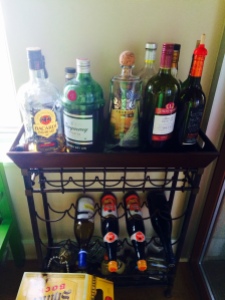 My lovely alcohol cart, stocked with a bunch of things I shouldn't be drinking on a diet. 